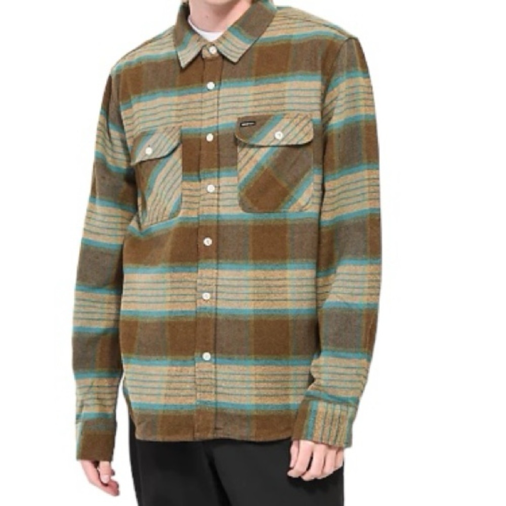 Brixton Brown and Green Plaid Casual Button Down Shirt